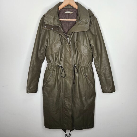 Alice + Olivia Coated Long Parka Coat Hood Sz M Green Cabincore Fisherman - Picture 2 of 14